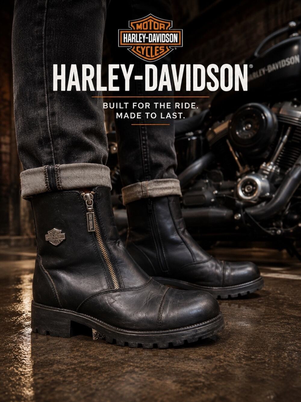 Harley-Davidson Black Leather Zip Moto Boots Lug Sole Biker Ankle Boots